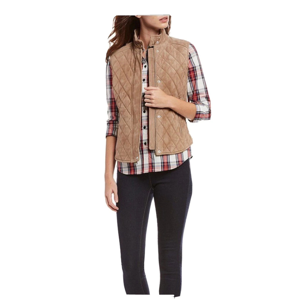 Cremieux Lauren Light Brown 100% Suede Leather Quilted Vest New Size XS $259